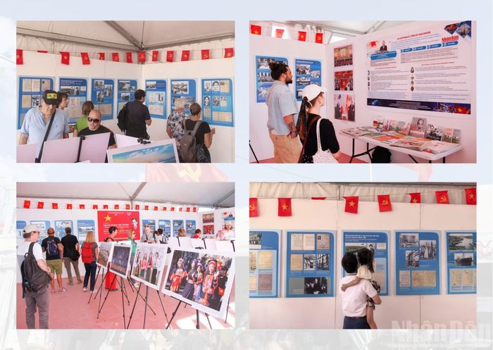 Đông đảo công chúng quốc tế đến tham quan gian trưng bày về Việt Nam do Báo Nhân Dân tổ chức tại Hội báo Nhân đạo 2026. (Ảnh: KHẢI HOÀN-TRUNG HƯNG)