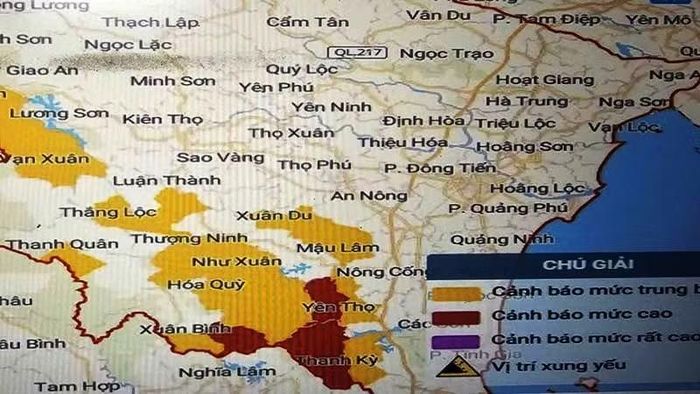 Một phần bản đồ cảnh báo nguy cơ sạt lở đất ở các xã phía Tây Nam tỉnh Thanh Hóa. (Ảnh chụp bản đồ cảnh báo thiên tai của Đài Khí tượng thủy văn tỉnh Thanh Hóa)