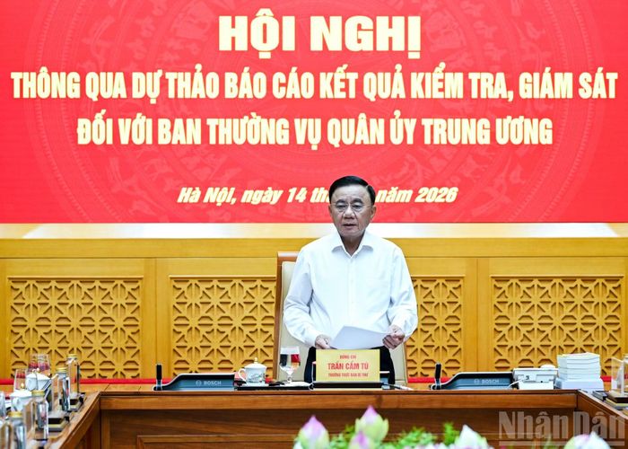 Thường trực Ban Bí thư Trần Cẩm Tú, Trưởng đoàn kiểm tra, giám sát số 221 của Bộ Chính trị, Ban Bí thư phát biểu kết luận hội nghị. (Ảnh: DUY LINH)