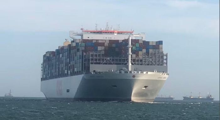 Siêu tàu container trên hải trình vào cảng Cái Mép-Thị Vải (Ảnh: Lê Đình Thìn)