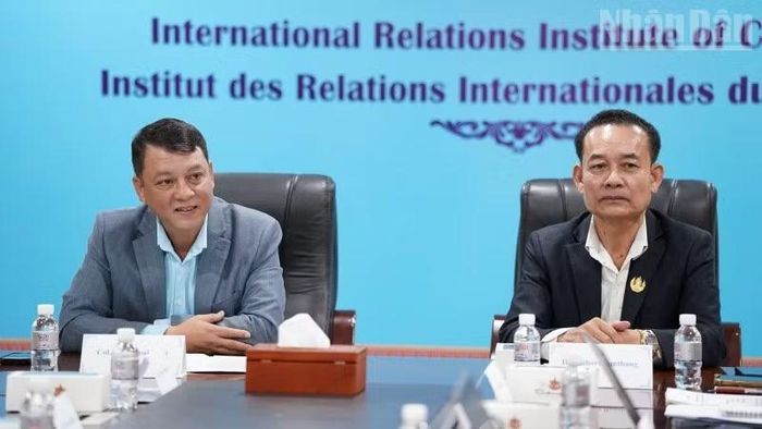 Phó Viện trưởng IRIC Trần Hoài Nam (bên trái) và Phó Viện trưởng IRIC Chhort Bunthang đồng chủ trì hội thảo. (Ảnh: ĐINH TRƯỜNG)
