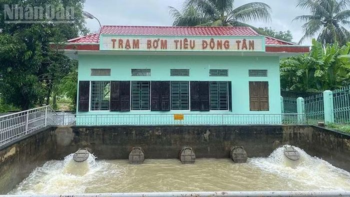 Trạm bơm Đông Tân đang vận hành máy bơm tiêu thoát nước mưa. (Ảnh: Mai Luận)