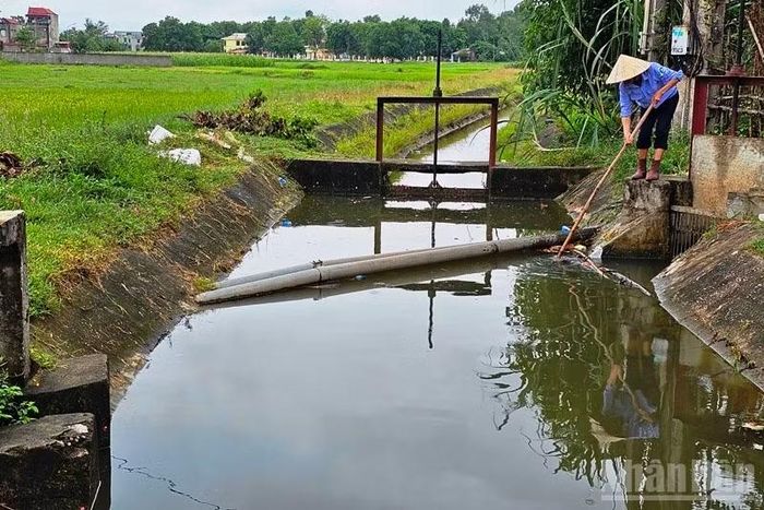 Người lao động vớt rác chặn dòng chảy, bảo đảm tiêu thoát nhanh nước đệm phát sinh do mưa lớn. (Ảnh: Mai Luận)