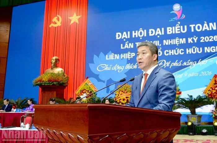 Đồng chí Phan Anh Sơn, Chủ tịch Liên hiệp các tổ chức hữu nghị Việt Nam phát biểu tại Đại hội. (Ảnh: Khánh Lan)