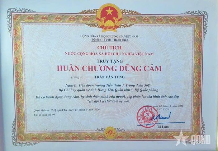 Chủ tịch nước Cộng hòa xã hội chủ nghĩa Việt Nam Tô Lâm quyết định truy tặng Huân chương Dũng cảm đối với Trung tá Trần Văn Tùng. 