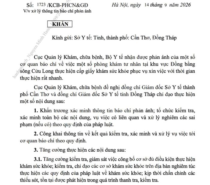  Công văn của Cục Quản lý Khám, chữa bệnh. Ảnh chụp màn hình 