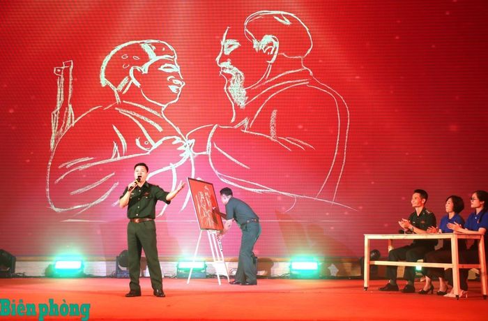 Sự đa tài của tuổi trẻ Bộ đội Biên phòng với hoạt cảnh vẽ tranh và hát. Ảnh: TK
