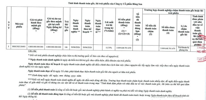 Bông Sen Corp. nợ lãi trái phiếu chưa thanh toán hơn 3.029 tỷ đồng, nợ gốc trái phiếu 4.800 tỷ đồng.