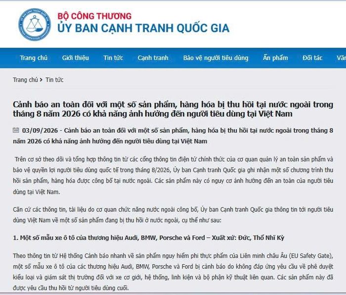 Bản tin cảnh báo sản phẩm bị thu hồi ở nước ngoài có khả năng ảnh hưởng đến người tiêu dùng của Ban Bảo vệ người tiêu dùng, Uỷ ban Cạnh tranh Quốc gia. Ảnh chụp màn hình