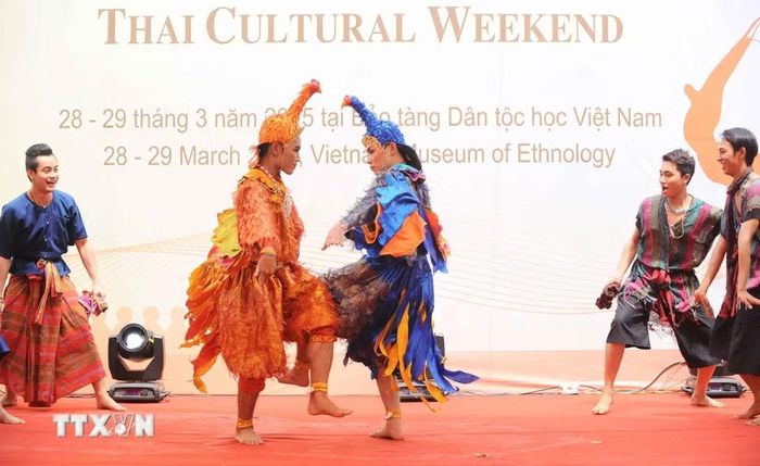 Các nghệ sỹ Thái Lan biểu diễn điệu múa "Chọi gà" trong Chương trình "Văn hóa Thái Lan ngày cuối tuần", do Bảo tàng Dân tộc học Việt Nam phối hợp với Đại sứ quán Thái Lan tổ chức (Hà Nội, 28/3/2015). (Ảnh: Minh Đức/TTXVN)