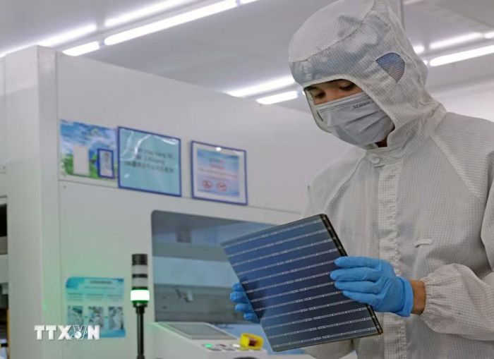 Tấm modul năng lượng mặt trời sản xuất tại nhà máy Trina Solar ở tỉnh Thái Nguyên. (Ảnh: Trần Việt/TTXVN)