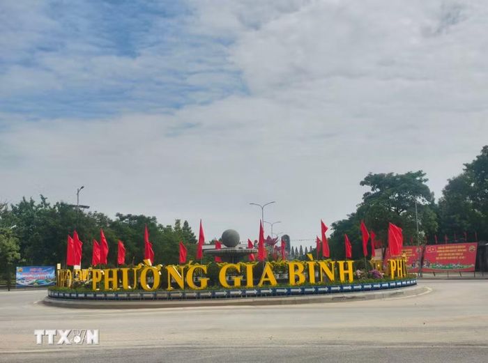 Diện mạo đường phố xã Gia Bình được chỉnh trang, trang hoàng trước ngày lên phường và trở thành một phần của thành phố Bắc Ninh. (Ảnh: Thanh Thương/TTXVN)