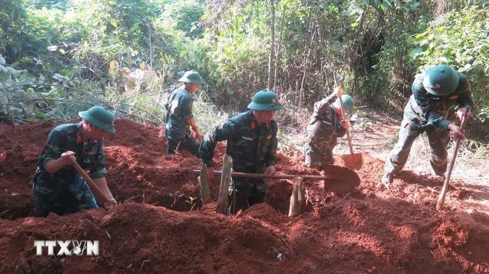 Lực lượng chức năng tiếp tục tìm kiếm mộ liệt sỹ tại đồi Đá Vôi. (Ảnh: Hương Thu/TTXVN)