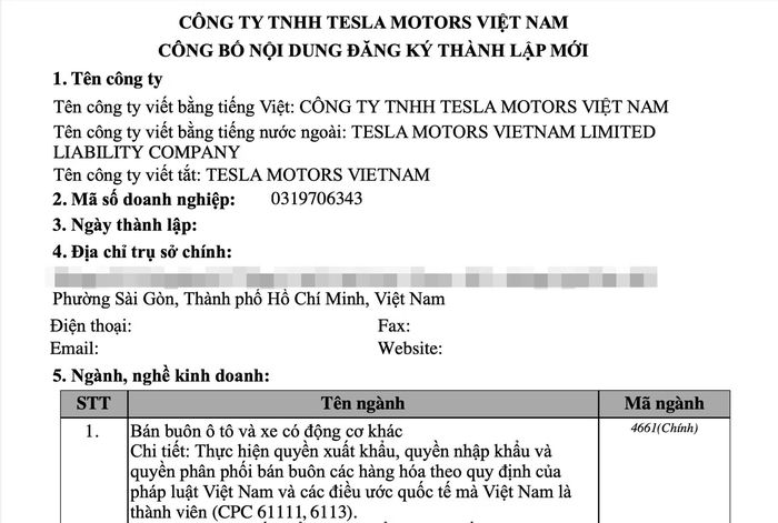 Công ty TNHH Tesla Motors Việt Nam đăng ký trụ sở tại TP.HCM, với ngành nghề chính là bán buôn ô tô và xe có động cơ khác. Ảnh: chụp màn hình.