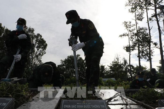Lực lượng chuyên trách thực hiện lấy mẫu hài cốt liệt sĩ tại Nghĩa trang liệt sĩ tỉnh (phường Mỹ Trà). Ảnh: Hồng Thái - TTXVN