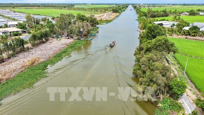 Một tuyến đê bao chạy dọc vùng sản xuất, góp phần bảo vệ diện tích lúa trước nguy cơ ngập lũ. Ảnh: Minh Phú - TTXVN