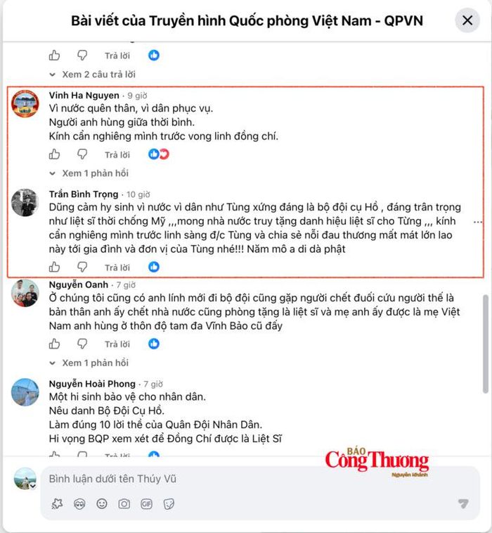 Hành động hy sinh quên mình cứu dân của Trung tá Trần Văn Tùng đã lan tỏa mạnh trên mạng xã hội, thu hút hàng loạt bình luận bày tỏ sự khâm phục. Ảnh chụp từ màn hình.