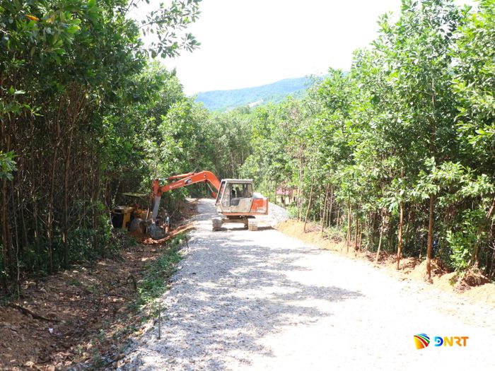 Con đường đang thi công với phần lớn diện tích đất và cây trồng do hộ ông Nguyễn Văn Nhăng tự nguyện hiến. Ảnh: THÚY HIỀN