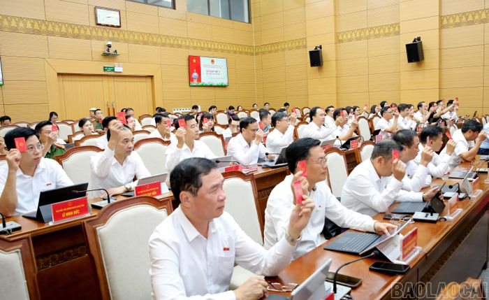 Đại biểu HĐND tỉnh biểu quyết thông qua các nghị quyết trình tại kỳ họp.