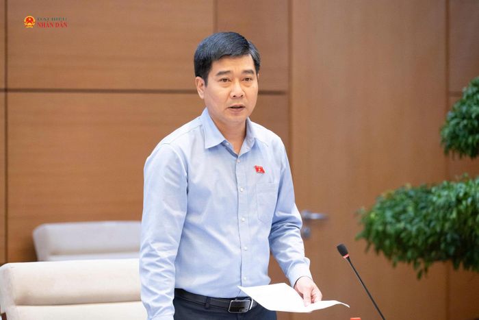 ĐBQH hoạt động chuyên trách tại Ủy ban Pháp luật và Tư pháp Lê Thanh Hoàn trình bày báo cáo tại phiên họp