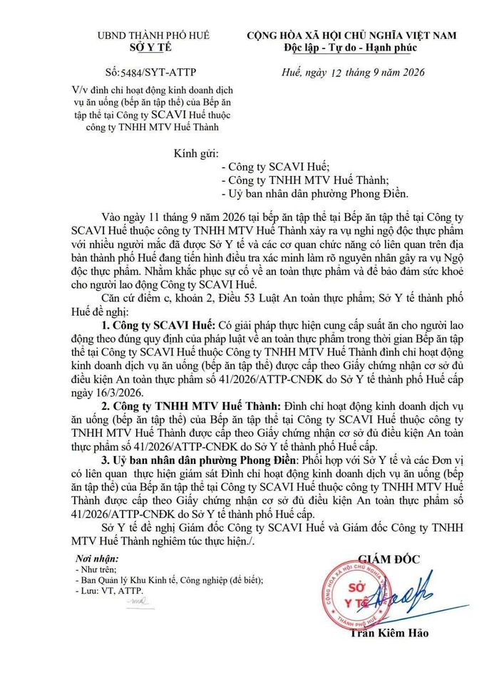 Công văn số: 5484/SYT-ATTP của Sở Y tế thành phố Huế ban hành ngày 12/9/2026