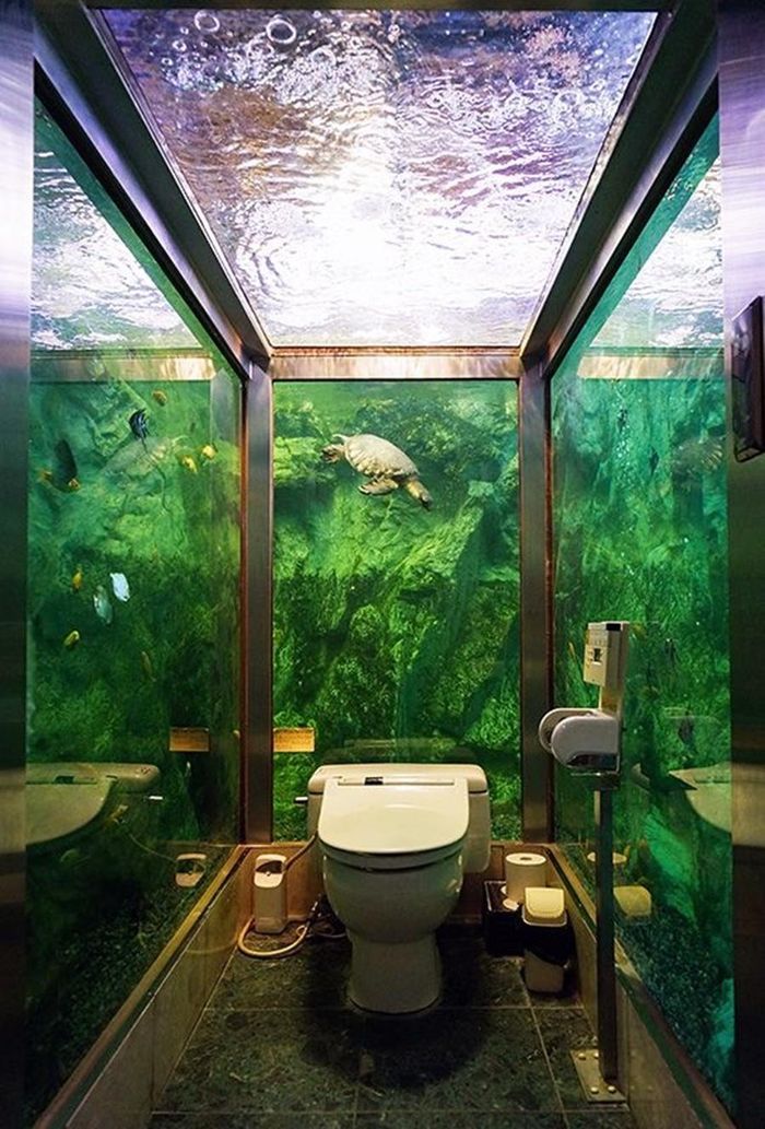 Nhà vệ sinh tại nhà hàng Hipopopapa ở Akashi, tỉnh Hyōgo, được thiết kế giữa một thủy cung, mang đến cảm giác như đang ở dưới lòng biển. (Ảnh: Nippon)