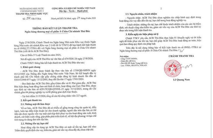 Kết luận thanh tra ACB Thủ Đức.