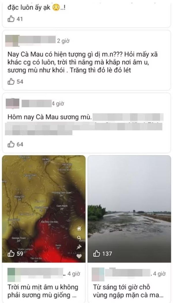 Nhiều người dân ở Cà Mau nói về hiện tượng "sương mù" kỳ lạ trên mạng xã hội. Ảnh: Facebook.