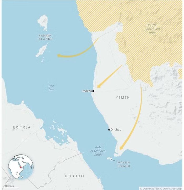 Bản đồ cho thấy lực lượng Houthi kiểm soát lãnh thổ gần eo biển Bab el-Mandeb (Ảnh đồ họa của AP)