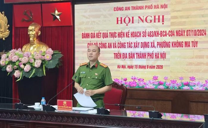Đại tá Nguyễn Đức Long - Ủy viên Ban Thường vụ Đảng ủy, Phó Giám đốc Công an thành phố, Thủ trưởng Cơ quan Cảnh sát điều tra Công an thành phố Hà Nội phát biểu chỉ đạo tại hội nghị