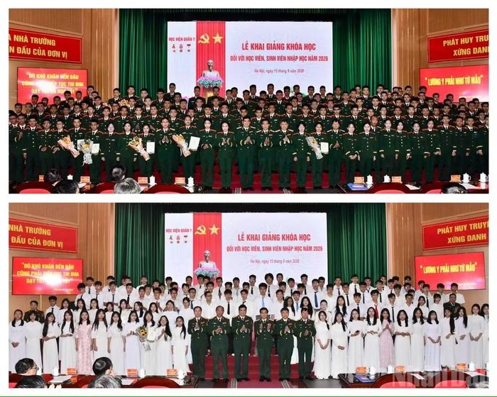 Lãnh đạo Học viện Quân y chụp ảnh cùng các học viên, sinh viên tại Lễ khai giảng.