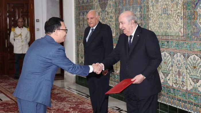 Đại sứ Vũ Duy Long trình Thư Ủy nhiệm lên Tổng thống Abdelmadjid Tebboune. (Ảnh: Đại sứ quán Việt Nam tại Algeria cung cấp)
