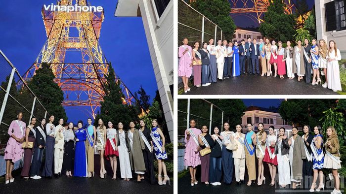 Các thí sinh Cuộc thi Hoa hậu và Nam vương siêu mẫu thể hình thế giới 2026 có trải nghiệm thú vị dưới chân tháp VNPT-Vinaphone Lâm Đồng. (Ảnh: BẢO VĂN)