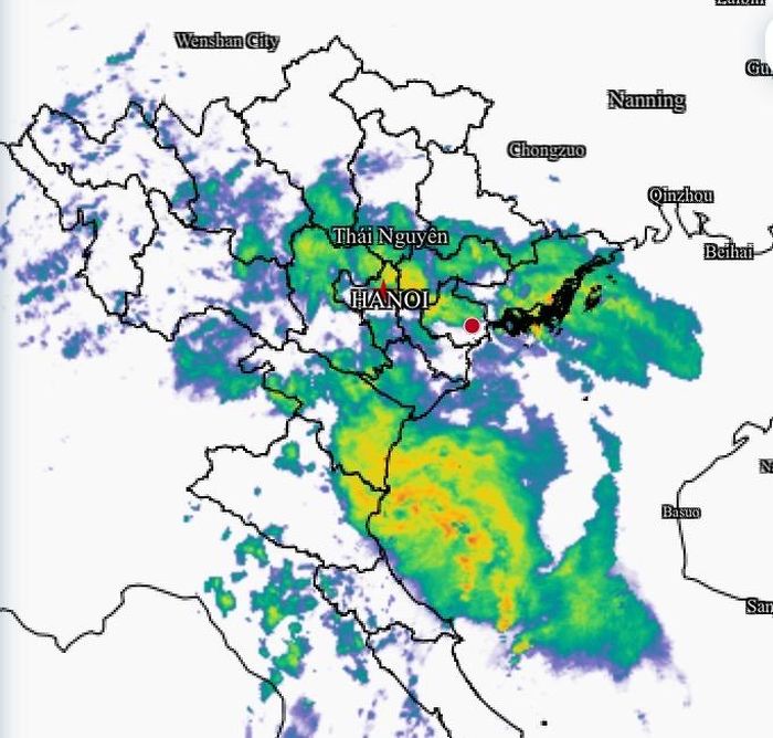 Ảnh radar thời tiết hồng ngoại lúc 7 giờ ngày 15-9 cho thấy khối mây lớn đang gây mưa trên diện rộng tại Bắc Trung bộ và đồng bằng Bắc bộ. Ảnh chụp màn hình 