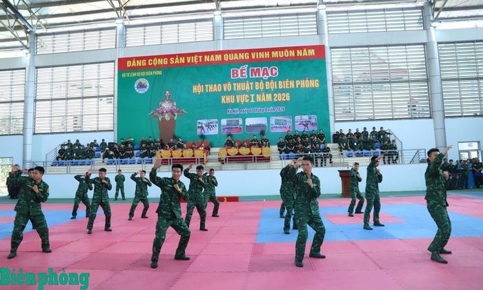 Các đội thi đồng diễn 3 bài võ thể dục Bộ đội Biên phòng. Ảnh: Ngọc Lâm