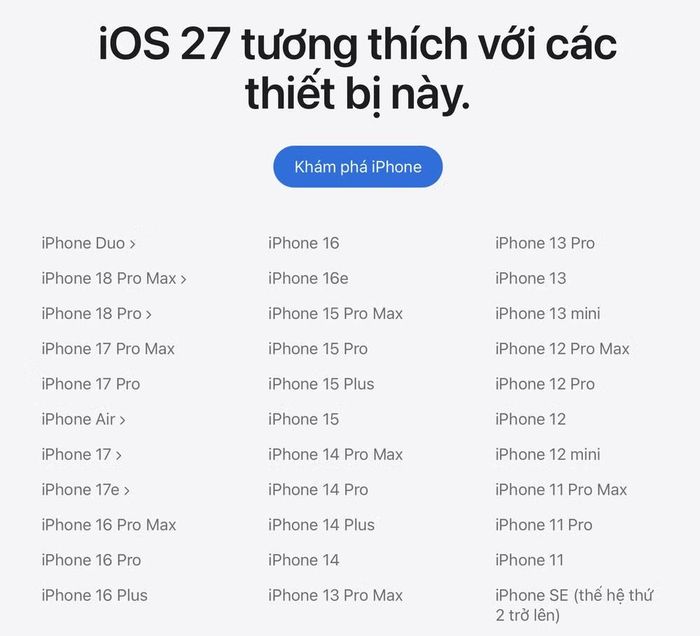 Danh sách các dòng máy được hỗ trợ. Ảnh: Apple