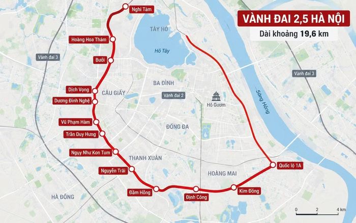 Bản đồ hướng tuyến Vành đai 2,5 Hà Nội, dài khoảng 19,6 km, kết nối nhiều khu vực nội đô từ Nghi Tàm đến Quốc lộ 1A.