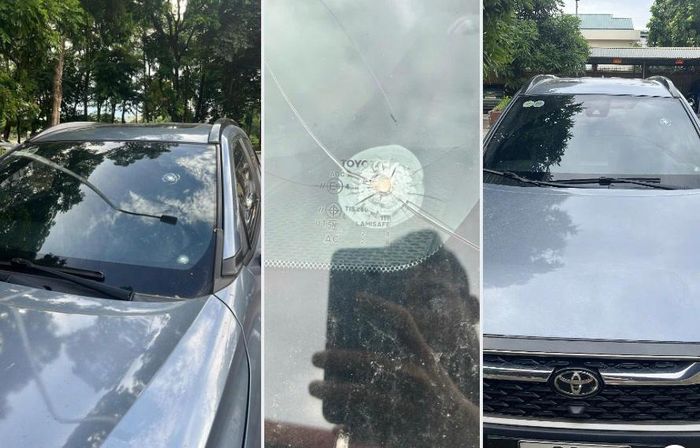 Chiếc xe Toyota bị vỡ nhiều vị trí trên kính lái.