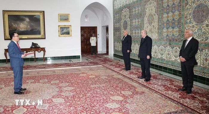 Đại sứ Vũ Duy Long trình Thư ủy nhiệm lên Tổng thống Algeria Abdelmadjid Tebboune. (Ảnh: TTXVN phát)