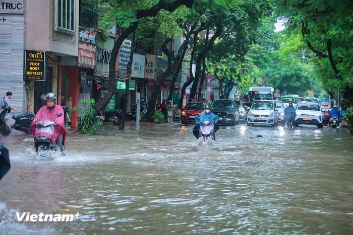Nhiều phương tiện chôn chân không dám di chuyển qua đoạn ngập nước. (Ảnh: Hoài Nam/Vietnam+)