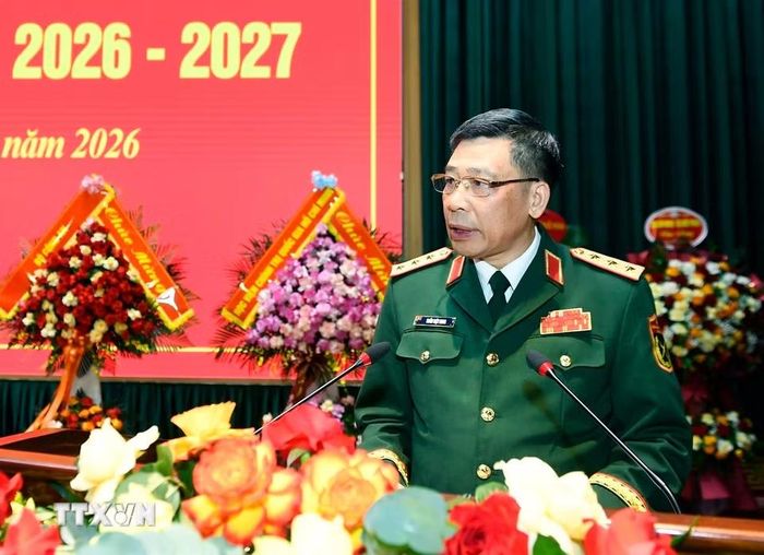 Thượng tướng, Phó Giáo sư, Tiến sỹ Trần Việt Khoa, Giám đốc Học viện Quốc phòng phát biểu. (Ảnh: Dương Giang/TTXVN)