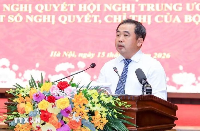 Bí thư Thành ủy Hà Nội Trần Đức Thắng phát biểu tại hội nghị. (Ảnh: Trung Nguyên/TTXVN)