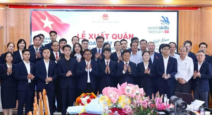 Đoàn Việt Nam tham dự kỳ thi Kỹ năng nghề thế giới lần thứ 48. (Ảnh: Thanh Tùng/TTXVN)
