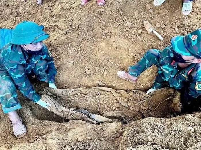 Lực lượng tìm kiếm, quy tập hài cốt liệt sĩ xã Đặng Thùy Trâm tiến hành khai quật hài cốt. Ảnh: TTXVN phát