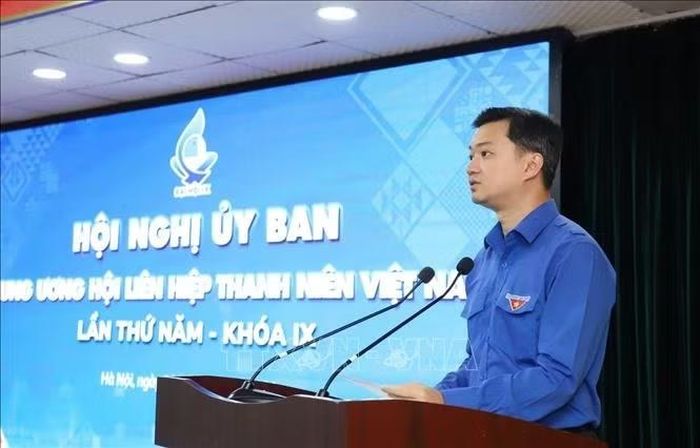 Bí thư Thường trực Trung ương Đoàn, Chủ tịch Hội Sinh viên Việt Nam Nguyễn Minh Triết phát biểu tại hội nghị.