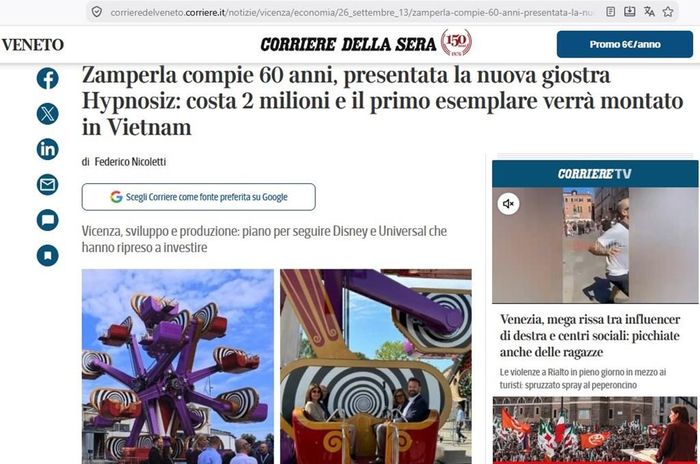 Ảnh chụp màn hình giao diện tờ Corriere della Sera viết về: "Zamperla kỷ niệm 60 năm thành lập và ra mắt trò chơi mới mang tên "Hypnosiz": trò chơi này có giá 2 triệu, và chiếc đầu tiên sẽ được lắp đặt tại Việt Nam".