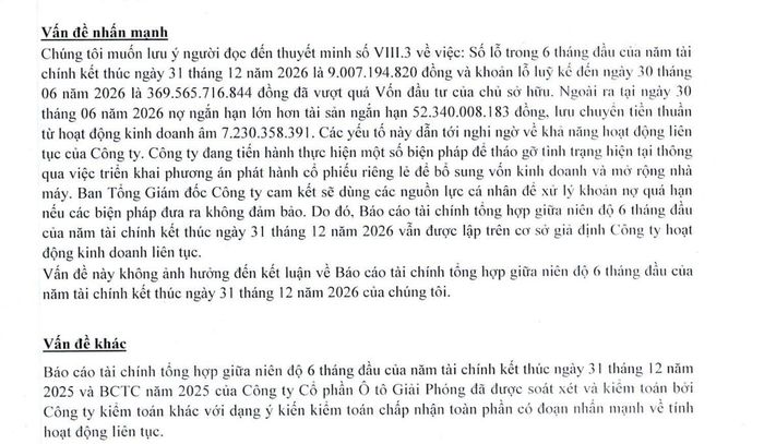 Kiểm toán nhấn mạnh về khả năng hoạt động liên tục của Ô tô Giải Phóng trong báo cáo soát xét bán niên 2026. Ảnh: BCTC bán niên GCC
