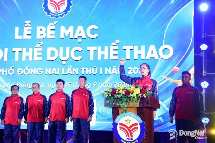 Vận động viên Thị Lài, đại diện lực lượng vận động viên hứa quyết tâm đạt thành tích cao nhất tại Đại hội Thể thao toàn quốc lần thứ X năm 2026. Ảnh: Huy Anh