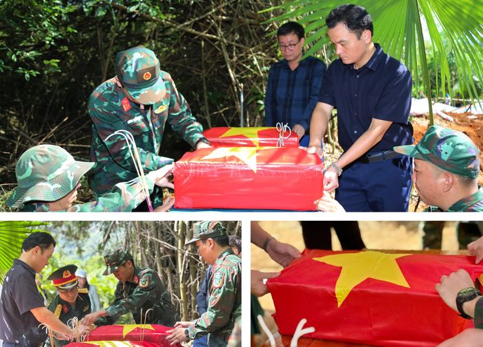 Thực hiện nghi lễ phủ Quốc kỳ lên hài cốt liệt sĩ .