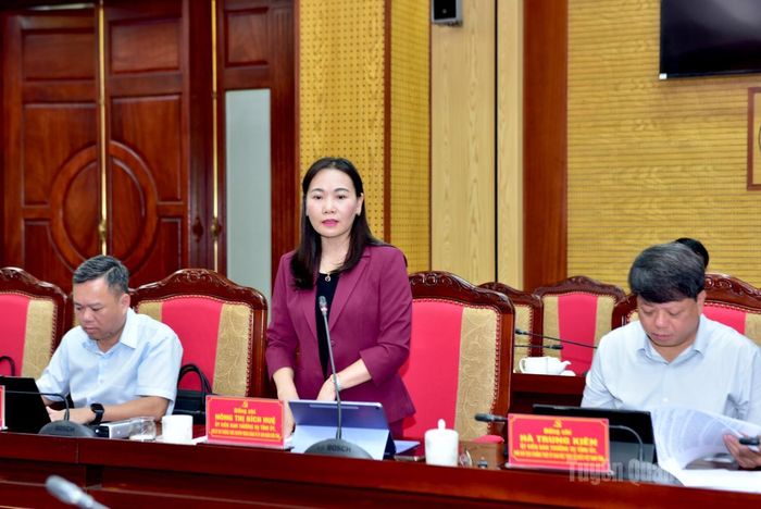 Phó Bí thư Thường trực chuyên trách Đảng uỷ UBND tỉnh Nông Thị Bích Huệ phát biểu thảo luận tại hội nghị.